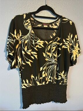 Agenda Black Top with Yellow Floral Print and Smocked Waist